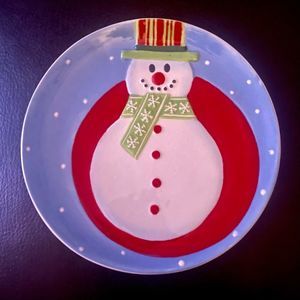 Round Holiday Snowman Snow Christmas Plate Dish